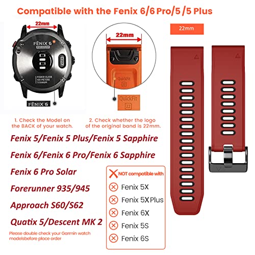 ANBEST Compatible con Fenix 7/Fenix 6 Pro/Fenix 5 Correa, Pulsera de Repuesto de Silicona de Liberación Rápida de 22mm para Fenix 6/Fenix 5 Plus/Forerunner 945/Approach S62, Rojo/Negro