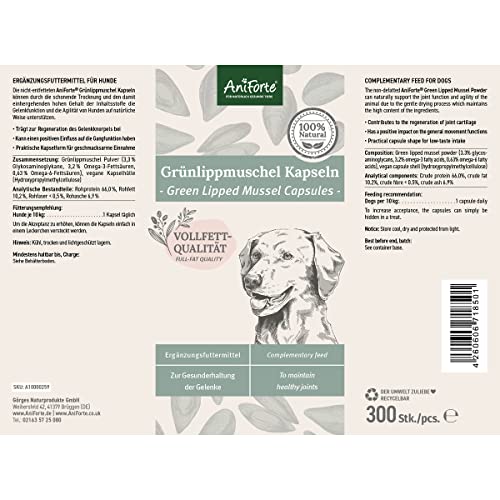AniForte Cápsula de mejillón de labios verdes para perros (300 cápsulas) – Ayuda a las articulaciones, Calidad de grasa completa 10.2%, glicosaminoglicanos 3.3%, polvo de mejillón de labios verdes
