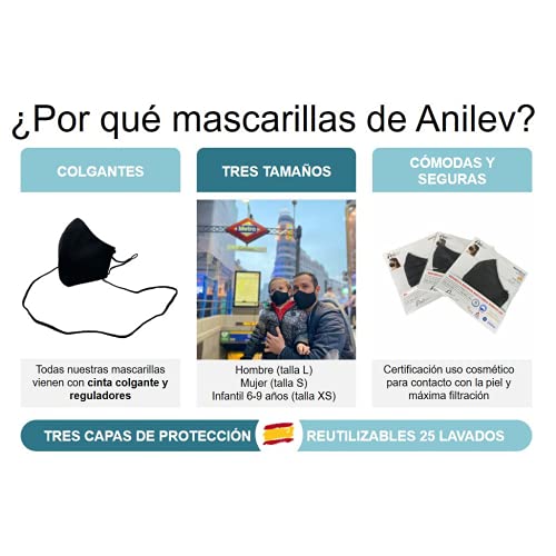 ANILEV UNA Mascarilla reutilizable higiénica de tela homologada lavable con colgante y reguladores 3 capas para hombre hecha en España