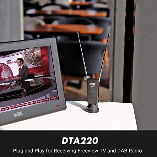 Antena TV Interior TDT Portatil Digital HD Potente – August DTA220 – DVB-T2 UHF Alta Ganancia Telescopica Autocaravana Cable 2m