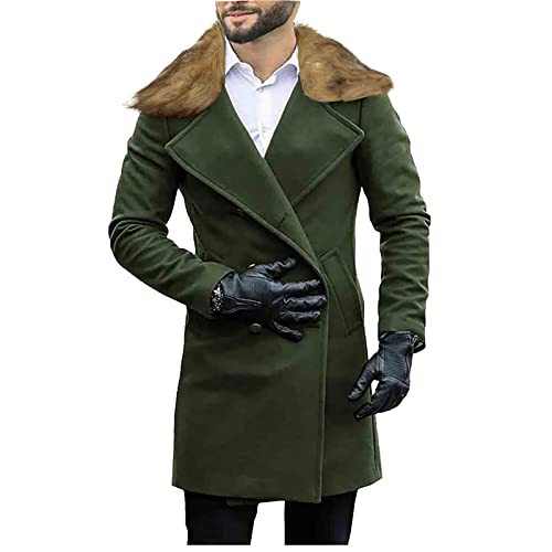 AOGOTO Abrigo de gabardina de invierno para hombre con cuello de piel sintética, abrigo de doble botonadura de negocios de guisante largo cómodo Tops de moda, verde, XXL