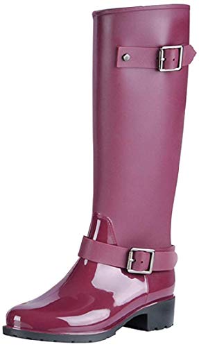 AONEGOLD Botas de Agua Mujer Lluvia Altas Zapato Impermeables Ajustable Cremallera y Hebilla Goma Botas Wellington(Rojo,39 EU)