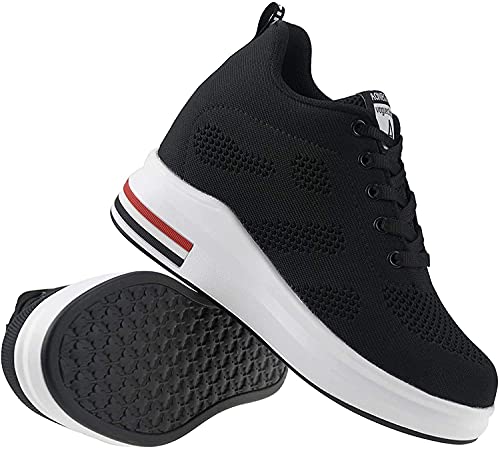 AONEGOLD® Zapatillas de Deporte Transpirables Zapatillas de Cuña para Mujer Alta Talón Plataforma 8cm Sneakers(Negro,34 EU)