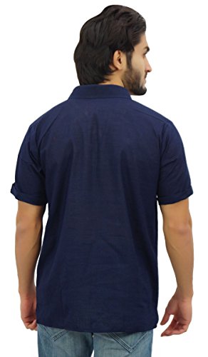 Atasi Manga Corta Hombres del algodón Kurta Cuello Camisa Azul Indio Vestimenta-Pequeño