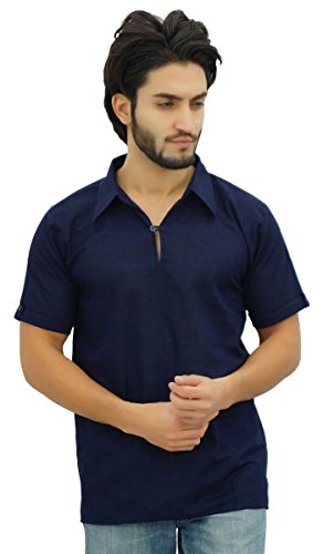 Atasi Manga Corta Hombres del algodón Kurta Cuello Camisa Azul Indio Vestimenta-Pequeño