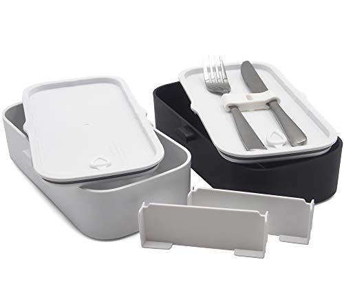 Atthys Lunch Box Negro | Tupper Design con 2 Cubiertos de Acero Inoxidable | Fiambrera Bento con 2 Compartimentos Estancos 1200 ml | Microondas y Lavavajillas | Bento Box Adultos o Niños