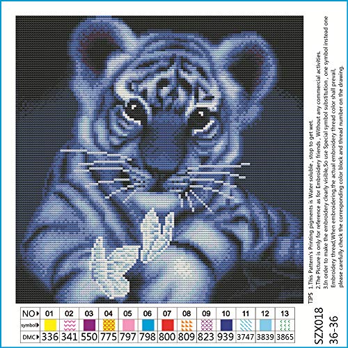 Awesocrafts Kit de punto de cruz con estampado de cachorro de tigre blanco y mariposa, patrones fáciles de bordar, costura de cruz, suministros (tigre)