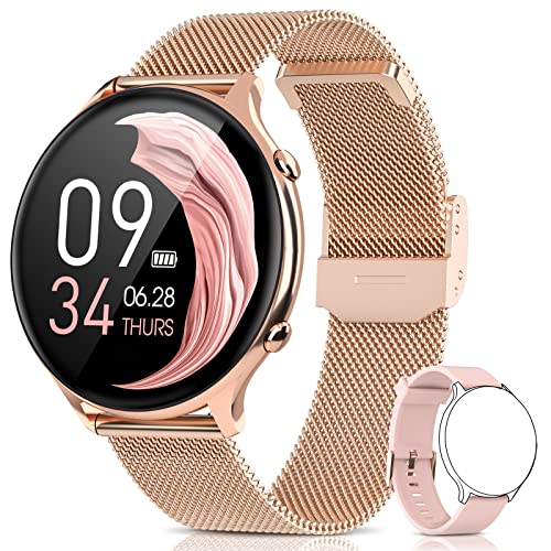 BANLVS Smartwatch Mujer, Reloj Inteligente Mujer IP68 con Pulsómetro, 24 Modos Deportes, SpO2, Menstrual Registro, Monitor de Sueño y Caloría, 1.28 Inch Táctil Completa Smartwatch para Android iOS Oro