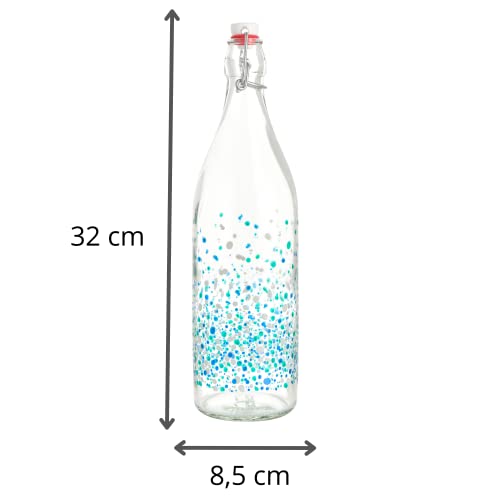 Baroni Home Juego de 6 botellas de agua de cristal para mesa decoradas Puntos azules con tapón hermético Made in Italy capacidad 1 litro
