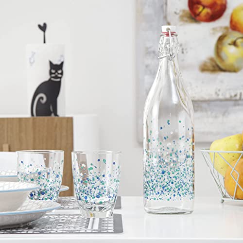 Baroni Home Juego de 6 botellas de agua de cristal para mesa decoradas Puntos azules con tapón hermético Made in Italy capacidad 1 litro