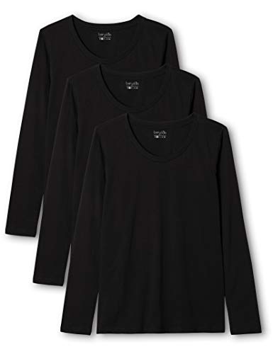 Berydale Camiseta de manga larga con cuello redondo de 100 % algodón, Mujeres, Negro (paquete de 3), L