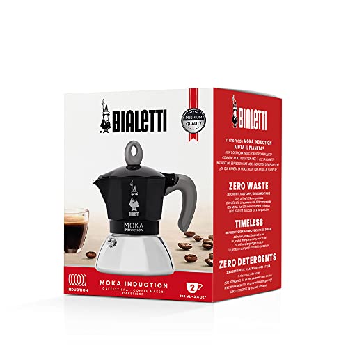 Bialetti - Cafetera Moka de Inducción, Adecuada para todo tipo de Placas, 2 Tazas de Café Espresso (90 Ml), Negro