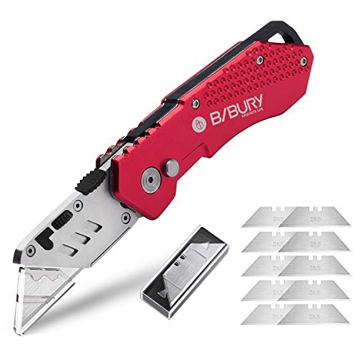 Bibury Cuchillos utilitarios, cuchillo plegable portátil, versión actualizada Cúter , con 10 cuchillas de acero inoxidable SK5, cortador de alfombra de papel retráctil (Rojo)