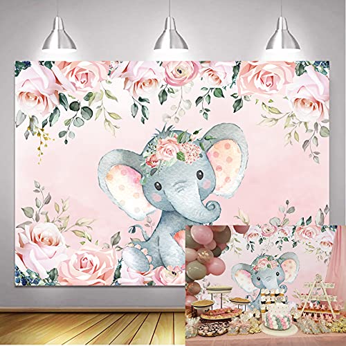 BINQOO 2,1 x 1,5 m lindo bebé elefante telón de fondo para baby shower rosa floral es una niña recién nacida fiesta fotografía fondo bebé niñas niño cumpleaños