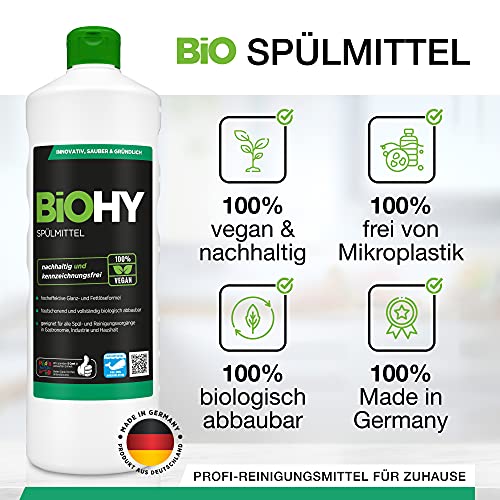 BiOHY Lavavajillas a mano (1 botella de 1 litro) | Libre de fosfatos | libre de químicos dañinos y biodegradables | Adecuado para la restauración y el hogar (Spülmittel)