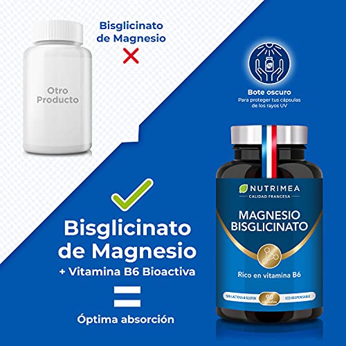Bisglicinato de Magnesio y Vitamina B6 | Reduce Estrés Fatiga | Vegano Sin Gluten Sin Lactosa | Alta Absorción y Asimilación | Biodisponible| Fabricado en Francia | Cápsulas Vegetales Nutrimea