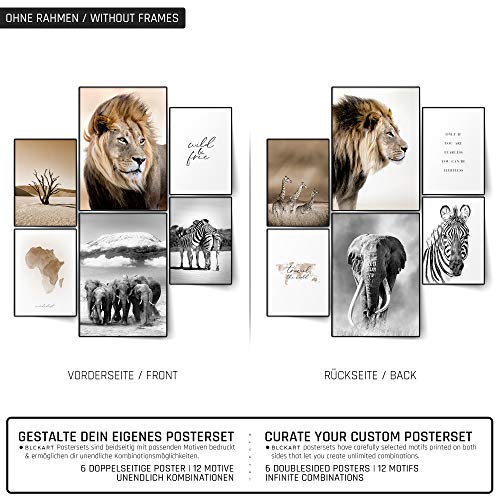 BLCKART Juego de pósteres de doble cara africana, safari, león, elefante, cebra, decoración para el salón, 2 x A3, 4 x A4 (Afrika, sin marco)