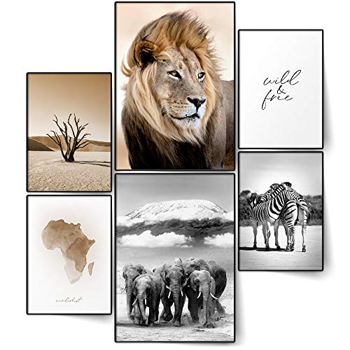 BLCKART Juego de pósteres de doble cara africana, safari, león, elefante, cebra, decoración para el salón, 2 x A3, 4 x A4 (Afrika, sin marco)