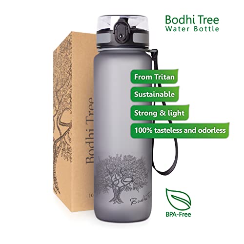 Bodhi Tree Botella de Beber - Botella de Bebidas - A Prueba de Fugas, luz - con Filtro y Correa - BPA Gratis - Fitness, Deportes, Escuela - Fácil Limpieza - Inodoro - 1l/650ml - Gris