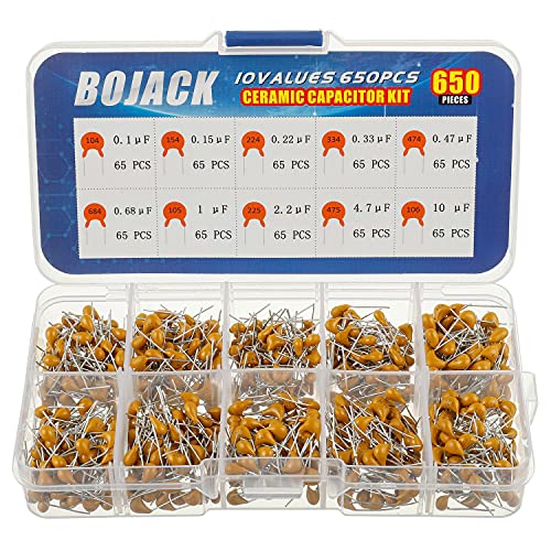 BOJACK - Kit surtido de 10 tipos condensadores de cerámica, 650 unidades, condensadores de 0.1uf/100 nF a 10 uF, en una caja