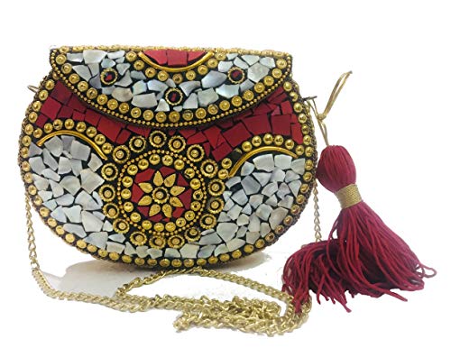 Bolsa de concha roja embrague de metal Bolso de metal étnico indio Bolsa de embrague de mosaico Monedero antiguo Bolso de fiesta para mujer Caja de boda Bolso de novia