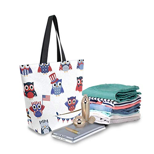 Bolsa de lona con diseño de búho americano para la compra, lavable, reutilizable, bolsa para comestibles, compras, viajes, picnic, escuela