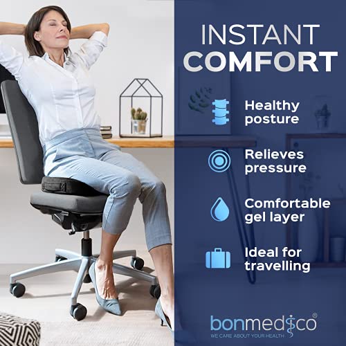 bonmedico Orthopedic Seat Cushion with Gel-Layer, Memory Foam Cushion for Coccyx Pain Relief, Pressure Relief e.g. bedsores. For Car Seat, Office Chair or Wheelchair, Large