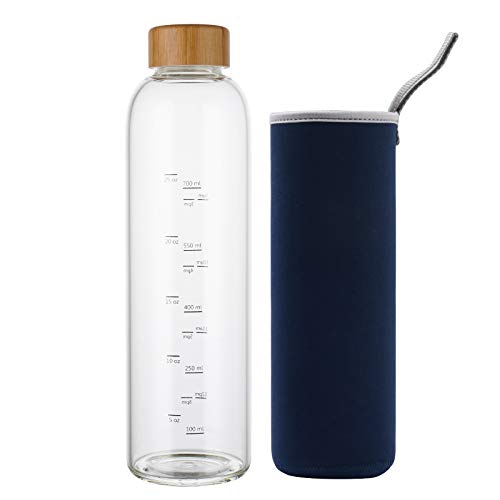 Botella de Agua Cristal 1 Litro con Marcador de Tiempo Funda y Tapa de Bambú Reutilizable para Deportes, Gimnasio, viajes, sin Bpa (Azul Marino)