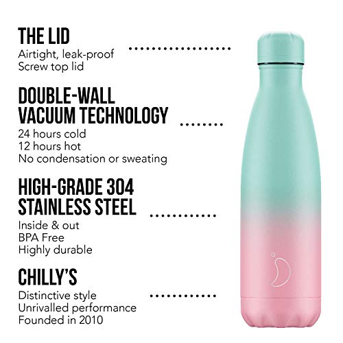 Botella De Agua De Chilly's | Acero Inoxidable y Reutilizable | Prueba de Fugas, Libre de transpiración | Gradiente Pastel | 500ml