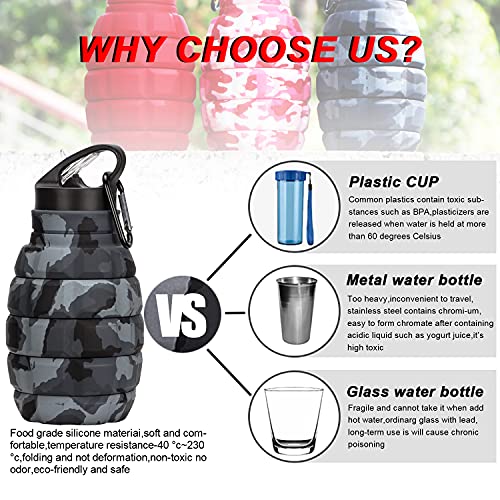 Botella de agua de viaje plegable de 20 oz, reutilizable, sin BPA, plegable, para gimnasio, camping, senderismo, botella de agua deportiva portátil a prueba de fugas con mosquetón