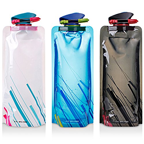 Botella de agua plegable conjunto de 3, MAXIN flexibles plegables botellas de agua reutilizables para senderismo, aventuras, viajes, 700ML.