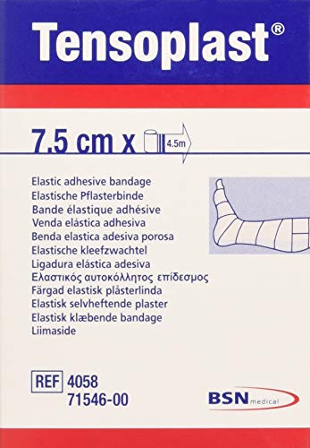 BSN - Venda elástica Adhesiva Tensoplast, Bordes Suaves y Material Adhesivo Poroso, Franja Central Amarilla, Tamaño 4,5 m x 7,5 cm, 1 pieza