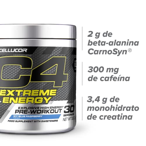 C4 Extreme Energy - Suplemento en polvo para preentrenamiento - Frambuesa azul | Bebida energética para antes de entrenar | 300 mg de cafeína + beta alanina | 30 raciones
