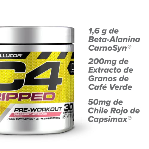 C4 Ripped - Suplemento en polvo para preentrenamiento - Limonada de frambuesa | Bebida energética | 150 mg de cafeína + beta alanina + extracto de granos de café verde | 30 raciones
