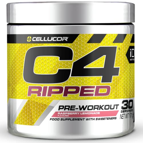 C4 Ripped - Suplemento en polvo para preentrenamiento - Limonada de frambuesa | Bebida energética | 150 mg de cafeína + beta alanina + extracto de granos de café verde | 30 raciones