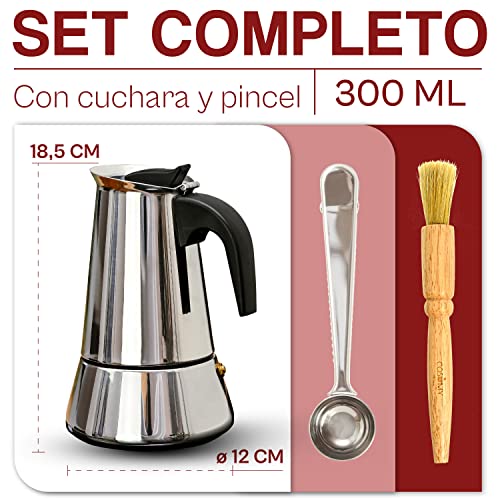 Cafetera Italiana para 6 Tazas - Con Pincel de Limpieza y Cuchara Dosificadora - Apta para Inducción - Acero Inoxidable
