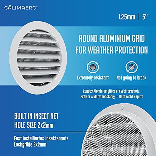 calimaero WSGG Rejilla Ventilacion Aluminio 125 mm Rejillas de Ventilacion redonda con Malla Mosquitera (2x2 mm) Rejillas para Chimeneas Acondicionado Ventilacion Coche