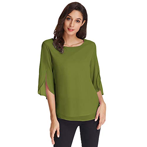 Camisa de Mujer Elegante Gasa Casual Color Puro Blusa Blusa Camisetas de NiñA Elegante 3/4 Color SóLido para El Verano Primavera Verde L CLAF15-7