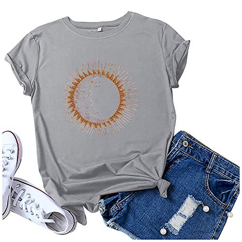 Camiseta de manga corta para mujer, elegante, blanca, vintage, con impresión gráfica, monocolor, para adolescentes y chicas, gris, S