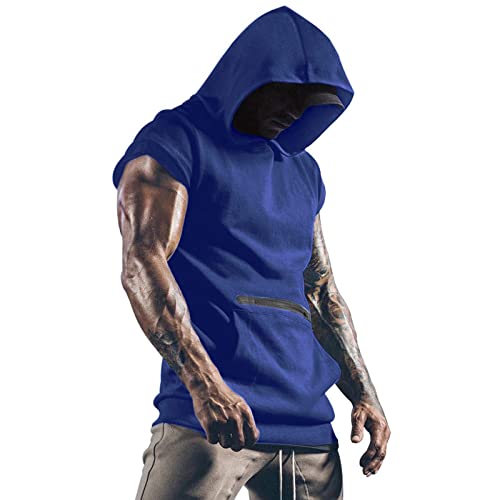 Camiseta de tirantes para hombre con capucha para fitness, culturismo, musculación, con capucha, color negro, gris, azul, blanco, M, L, XL, XXL, 3XL, azul, XL