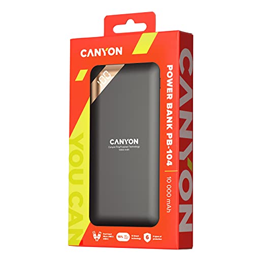 Canyon PB-102 Powerbank 10000 mah Portatil - Batería Externa Cargador con 2 Puertos Input DC 5V/2A (Micro USB/USB-C) Compatible con Xiaomi, Samsung, iPhone, Airpods, Tablet, iPad - Negro