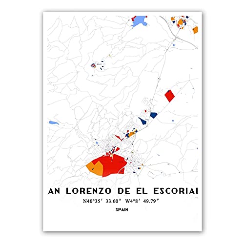 Cartel de San Lorenzo de El Escorial España Mapa del Mundo Imprimir Arte de la Pared Estilo Mondrian Línea de Lienzo Sin Enmarco, Arte Moderno, Decoración de la Oficina del Hogar Regalo de recuerdo