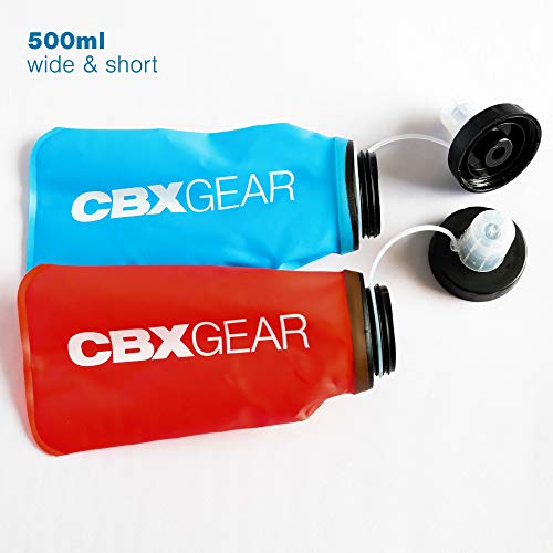 CBX GEAR Botella de Agua Deportiva con pajilla 2X 500ml Azul & Rojo Soft Flask para Correr, Running, Senderismo, Escalada | Blanda, Ligera y Fácil de Llenar y Agarrar