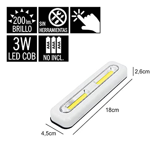 Clenersa Regleta LED COB 3W sin instalación, se enciende pulsando-3 pilas AAA Luz de toque, Blanco, Pack 2 un
