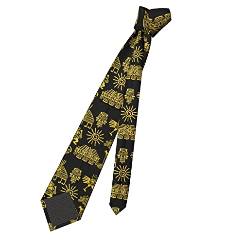 Corbata delgada para hombre, corbata elegante para hombre, corbata suave de poliéster de lujo, corbata casual delgada para fiesta, boda, iconos de tótem lineal dorado estilo maya, corbata elegante