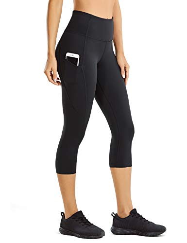 CRZ YOGA Mujer Cintura Alta Leggings Deportivas Fitness Running Pantalones Capri con Bolsillos -48cm Negro -R432 40