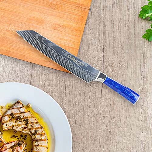 Cuchillo japonés profesional, cuchillo Kiritsuke de acero de alto contenido de carbono con mango antideslizante azul y caja de regalo noble