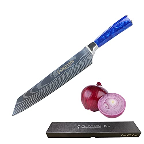 Cuchillo japonés profesional, cuchillo Kiritsuke de acero de alto contenido de carbono con mango antideslizante azul y caja de regalo noble