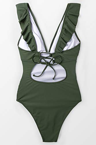 CUPSHE Bañador para Mujer Volante Cuello en V Fruncido Traje de Baño de Una Pieza,Verde,M