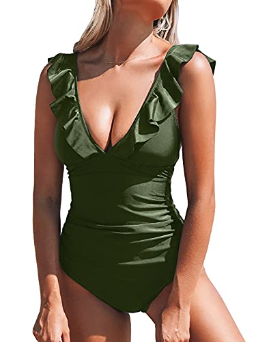 CUPSHE Bañador para Mujer Volante Cuello en V Fruncido Traje de Baño de Una Pieza,Verde,M
